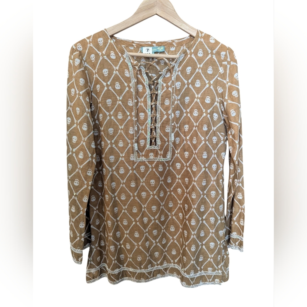 LETARTE Skulls & Bones Handmade Tunic Coverup with Iridescent Sequin Accents S/M